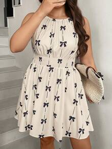 SHEIN LUNE Plus Size Women's Cute Halter Neck Dress With Bow Print,Summer Holiday Beach Sundress,Black And White Vacation Carnival Outfit Valentine's Day - Apricot - View 9