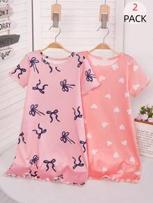 Bộ đồ ngủ 2 món cho bé gái, cổ tròn, tay ngắn, dài đến khuỷu tay, có viền và tay áo xếp ly tương phản, họa tiết nơ và trái tim, thiết kế nhẹ nhàng và đơn giản, thích hợp cho mùa hè, co giãn và có thể giặt máy. - Nhiều màu - Xem 3