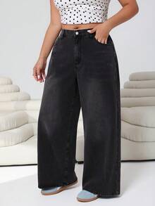 Solflare Plus Size Women's Solid Color Belted Loose Straight Leg Jeans, Spring/Summer,Carnival Women Look 2026,Going Out Outfits, Holiday Outfits, Casual - Blue - View 6