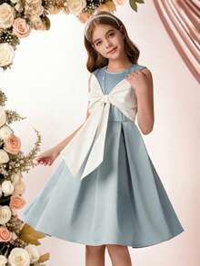 SHEIN Pitira 少女连衣裙、儿童派对礼服、花童礼服、公主裙、时尚吊带裙、女孩生日礼服、花童礼服、婚纱、晚礼服、大蝴蝶结礼服、连衣裙、派对礼服、庆典礼服 - 藍白色 - 查看 3
