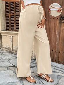 SHEIN Maternity Solid Color Adjustable Waist Wide Leg Loose Casual Pants - Khaki - View 3