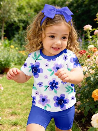 SHEIN Baby Girl Casual Loose Round Neck Short Sleeve T-Shirt And Tight Cycling Shorts Set, Suitable For Spring/Summer, Classic Pastoral Style, Cute Floral Print