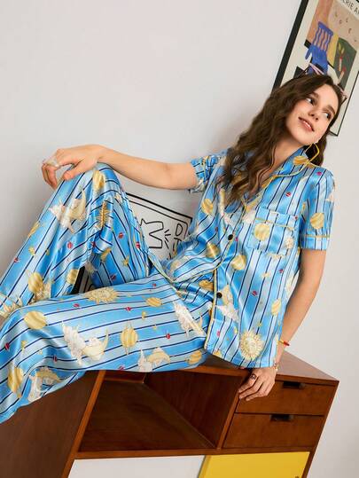 Striped Cosmic Star & Moon Print Satin Long Sleeve Collar Women Pajama Set