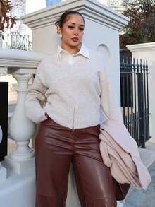 NegzBox V-Neck Zip Hem Relaxed Casual Pullover Sweater For Women In Fall/Winter - Apricot - View 1