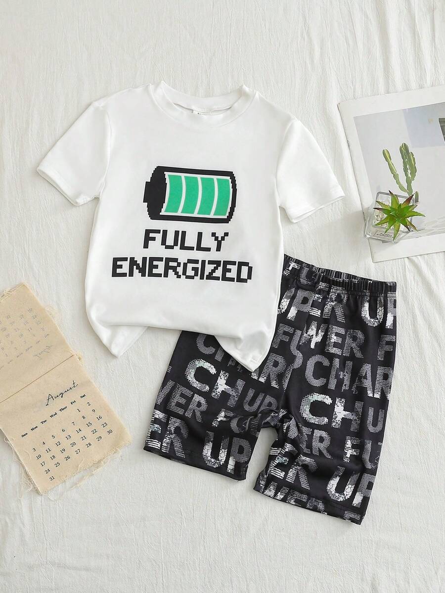 SHEIN GraphicGems Bộ đồ ngủ 2 món cho bé trai tuổi teen, in chữ tiếng Anh, cổ tròn, tay ngắn, quần short, chất liệu mềm mại thoáng khí, thích hợp mặc mùa hè. - Nhiều màu - Xem 1