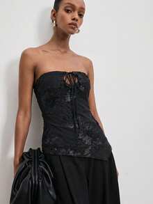 ATUI Studio 黑色性感镂空蝴蝶结抹胸上衣，提花刺绣抹胸上衣，优雅外出上衣，情人节礼物 - 黑色 - 查看 5