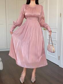 DAZY 女士优雅纯色纹理圆领系腰中长连衣裙，春夏婚礼宾客礼服长款连衣裙 - 粉色 - 查看 6