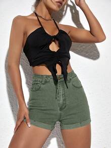 SHEIN ICON 女士纯色休闲牛仔短裤 - 軍綠色 - 查看 4