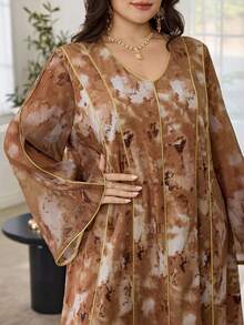 Al Najma Plus Size Women Marble Texture Patchwork Gold Stripe Dress, Spring - Multicolor - View 1
