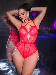 MidnightGlam 2件套情人节水钻装饰复古红色蕾丝拼接交叉吊带女士内衣连体衣 - 紅色 - 查看 4