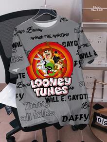 LOONEY TUNES X SHEIN Men's Letter & Cartoon Graphic Round Neck Short Sleeve T-Shirt - White - View 1