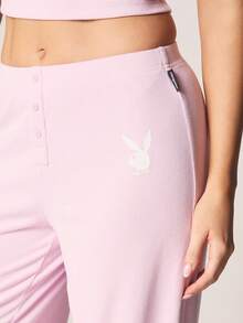 Missguided x Playboy Ribbed Knit Short Sleeve Crop Top And Wide Leg Lounge Pants Two Piece Coordinated Set For Comfort Relaxation Home Leisure Casual Wear - Pink - View 4