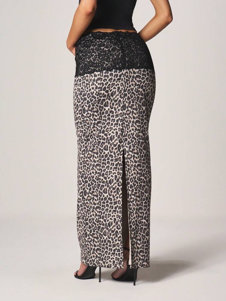 MISSGUIDED エレガントなレース付きヒョウ柄マキシスカート ハイウエスト ボディコン カラムスタイル ロングペンシルスカート 晩餐会やスペシャルイベントに
