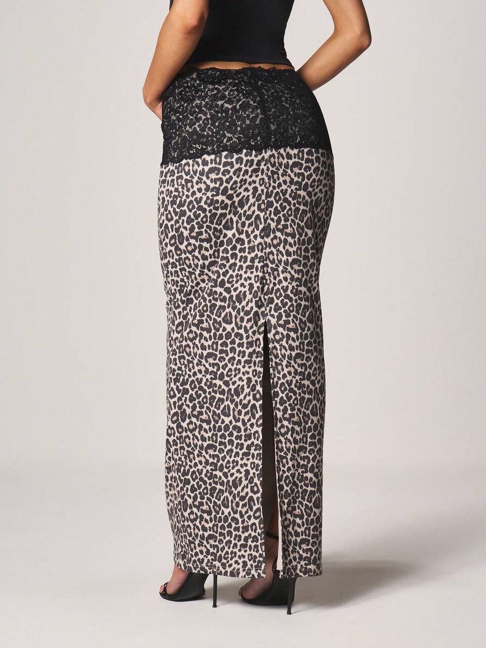 MISSGUIDED Elegant Lace Trim Leopard Print Maxi Skirt High Waisted Bodycon Column Style Long Pencil Skirt For Evening Occasions And Special Events