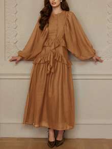 Revavyn Women's Autumn/Winter Lantern Sleeve Solid Coffee Color Shiny Chiffon Loose Round Neck Versatile Button Layered Ruffle Hem Long Sleeve Dress - Mocha Brown - View 2