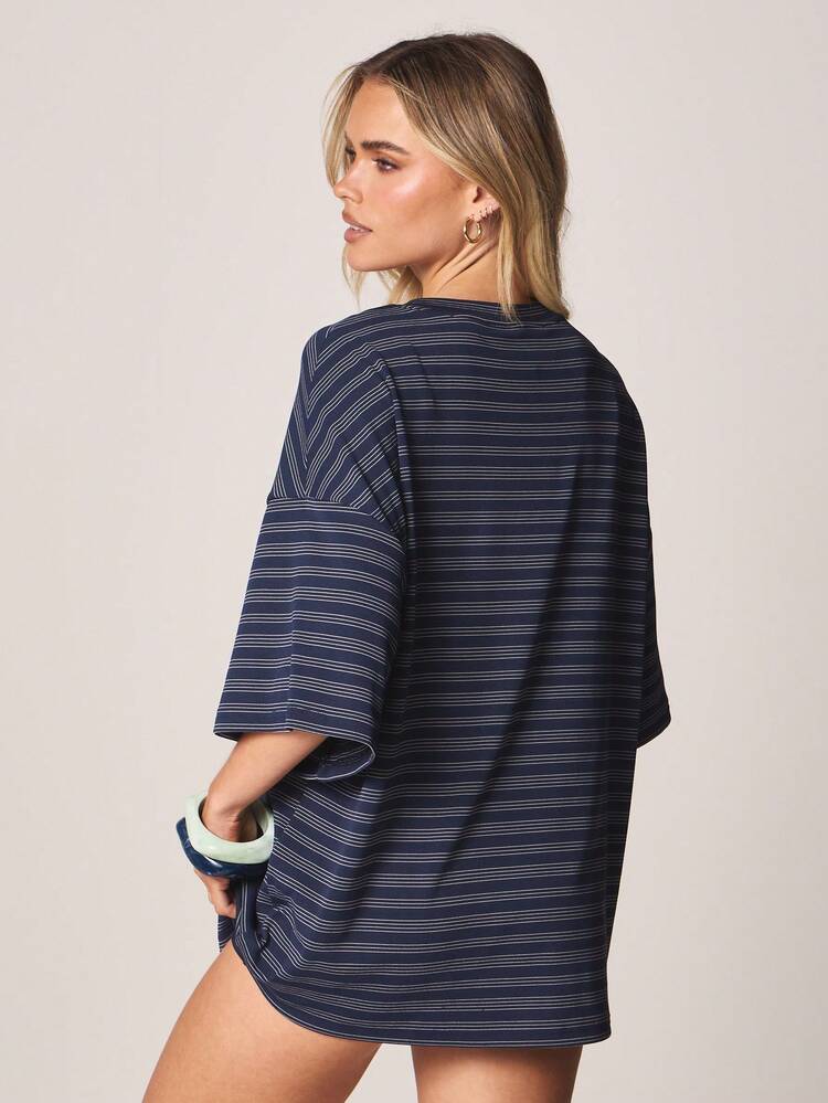 MISSGUIDED Seas The Day Horizontal Stripe Short Sleeve Oversized Graphic Print T-Shirt Summer Beach Casual Relaxed Fit Tunic Style Top