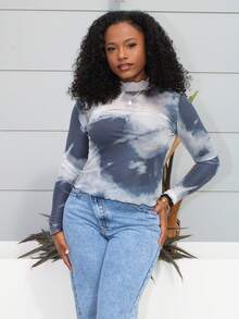 Steph T Blusa de manga larga con cuello de tortuga y estampado tie-dye para mujer - Gris - Ver 1