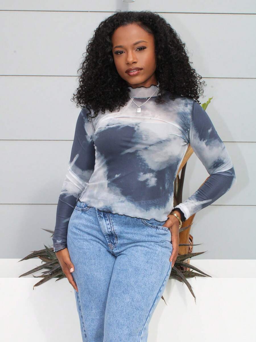 Steph T Blusa de manga larga con cuello de tortuga y estampado tie-dye para mujer - Gris - Ver 1