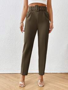 Aveloria Modichic Pantalones entallados con bolsillos en diagonal y cinturón, de unicolor, para uso casual y diario de la mujer - Verde - Ver 6