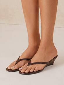 SHUZIA Women's Round Toe Thong Straps Wedge Slip-On Sandals - Chocolate Brown - View 2