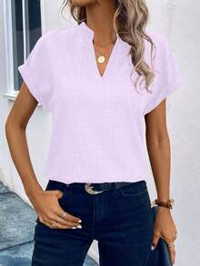 EMERY ROSE Blusa de mujer casual de unicolor con cuello entallado y mangas de murciélago, para verano - Morado - Ver 4