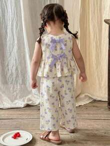 LMoss Kids 2pcs Baby Girl Ditsy Floral Woven Casual Vest And Pants Set - Multicolor - View 10