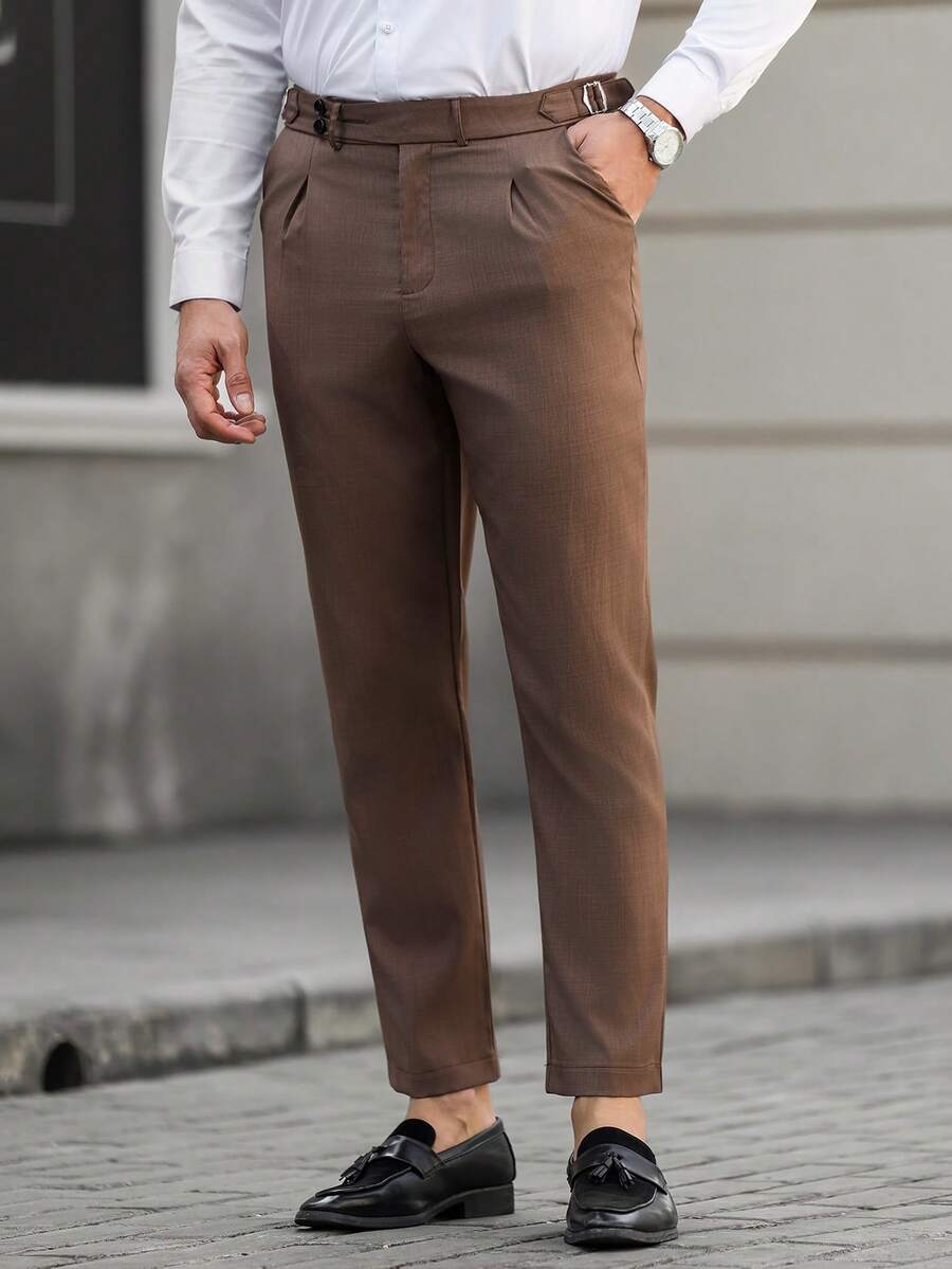 Manfinity Mode 经典风格正装，散发着老钱的气息，新款秋冬复古绅士风高腰直筒宽松裤 - 棕色 - 查看 1