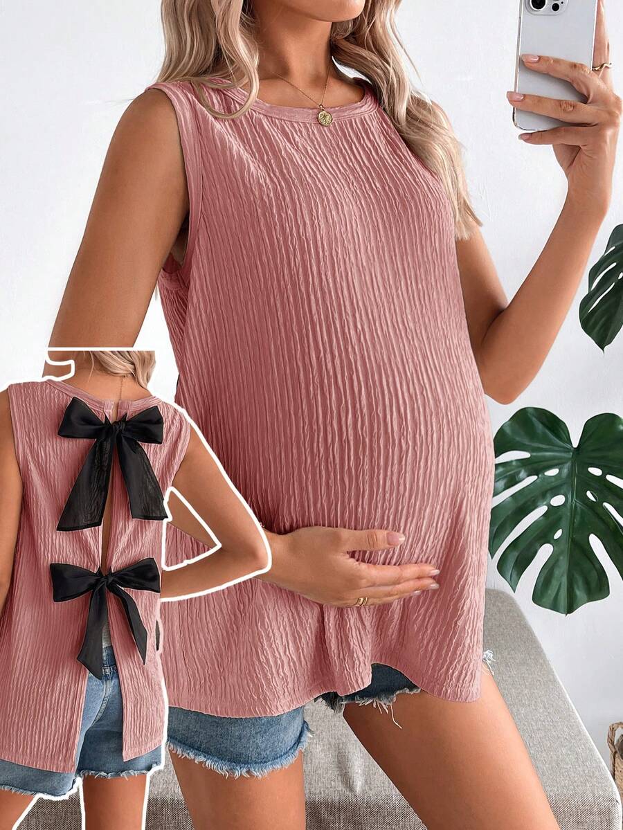 SHEIN 孕妇夏季休闲纹理蝴蝶结装饰吊带背心 - 藕粉色 - 查看 1