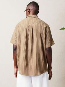 SUMWON Men's Short Sleeve Button Down Shirt With Vertical Striped Pattern Classic Collar Regular Fit Casual Summer Top - Coffee Brown - View 2