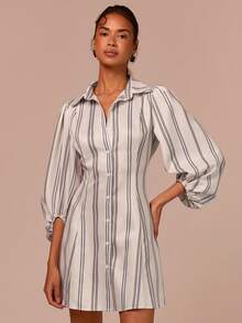 COSMINA 女士优雅条纹泡泡袖迷你连衣裙，衬衫领设计，通勤及日常办公穿着皆宜，四季皆可 - 彩色 - 查看 4