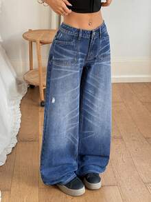 Rivivi 女士带口袋纽扣休闲百搭日常穿着阔腿牛仔裤 - 藍色 - 查看 5