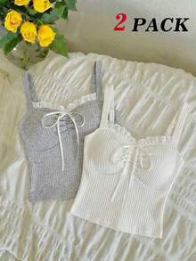 SHEIN MOD 两件装女士荷叶边系带吊带背心，适合海滩度假、下午茶聚会、优雅场合、舞会、可爱上衣、夏季度假、灰白相间、休闲场合、海滩、情人节、春夏、派对、蕾丝上衣等。 - 彩色 - 查看 2