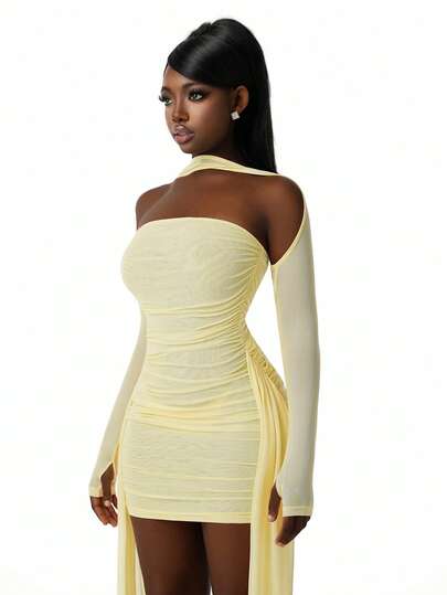 Amplova 2pcs Women's Mesh Bustier Dress With Shrug, Ruched Mini Dress With Long Sleeve Jacket, Sexy Backless Slim-Fitting Revealing Curve-Enhancing Outfit