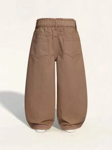 SHEIN Casuvi Kids 女童休闲波西米亚风假日平底阔腿牛仔裤，日常穿搭棕色裤子，可爱女童宽松裤，5岁 - 駝色 - 查看 2
