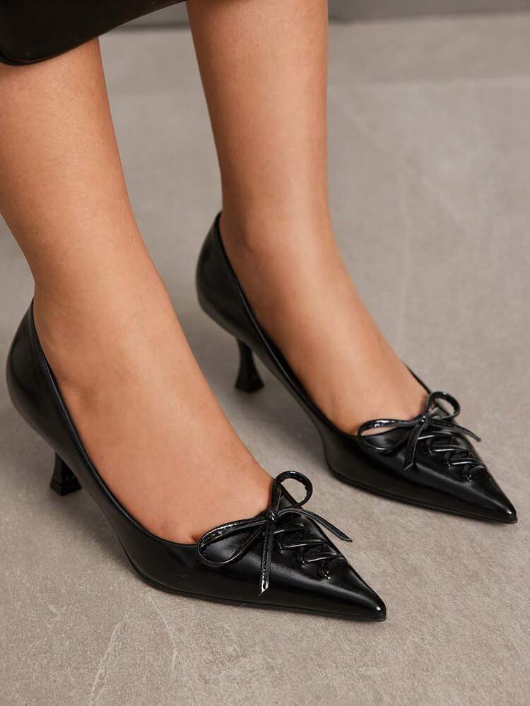 CUCCOO SZL Glossy Leather Bowknot Pointed Toe High Heels, Elegant Mature Style With Refined Fashion Elements, Suitable For Workplace, Dates Or Semi-Formal Occasions