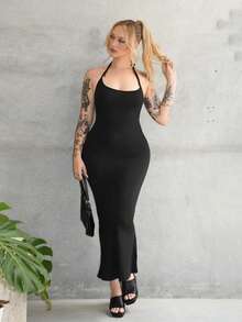 Arliah 女士修身挂脖美人鱼连衣裙，黑色长款女士服装 - 黑色 - 查看 5