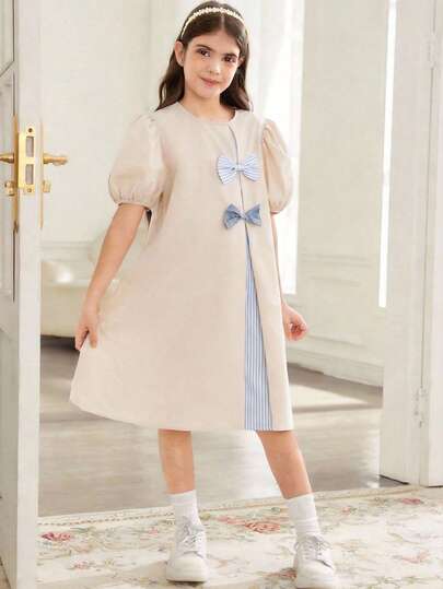 SHEIN Vestido de línea A con parches de unicolor tejido, rayas y decoración de lazo para niña preadolescente, adecuado para viajes, vacaciones, estilo campestre, resort casual, bohemio