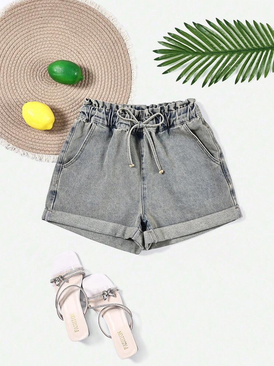 SHEIN Essnce Women's Solid Color Casual Denim Shorts Occasion Grey Summer - Blue - View 1