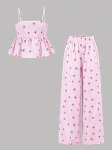 Firerie Kids 少女休闲度假粉白条纹蝴蝶结吊带背心和直筒裤套装 - 粉色 - 查看 6