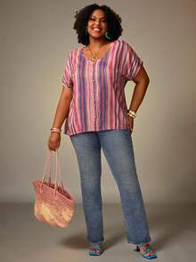 EMERY ROSE Plus Size Women's Pink Summer Boho Vacation Colorful Striped V-Neck Short Sleeve Button Decor Blouse,Simple Fashionable Early Spring Holiday Top - Multicolor - View 3