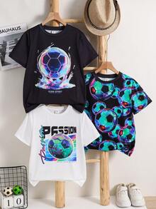 SHEIN 3pcs/Set Tween Boys' Casual Classic Cool Football Graphic Print Comfortable Short Sleeve T-Shirts, Suitable For Spring/Summer, Home, Outdoor, Matching Siblings - Multicolor - View 2
