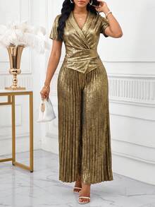 SHEIN Lady 女士纯色裹身短袖上衣和褶皱阔腿裤优雅两件套 - 金色 - 查看 1