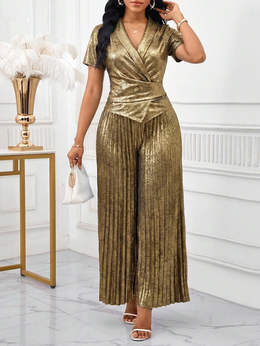 SHEIN Lady 女士纯色裹身短袖上衣和褶皱阔腿裤优雅两件套 - 金色 - 查看 1