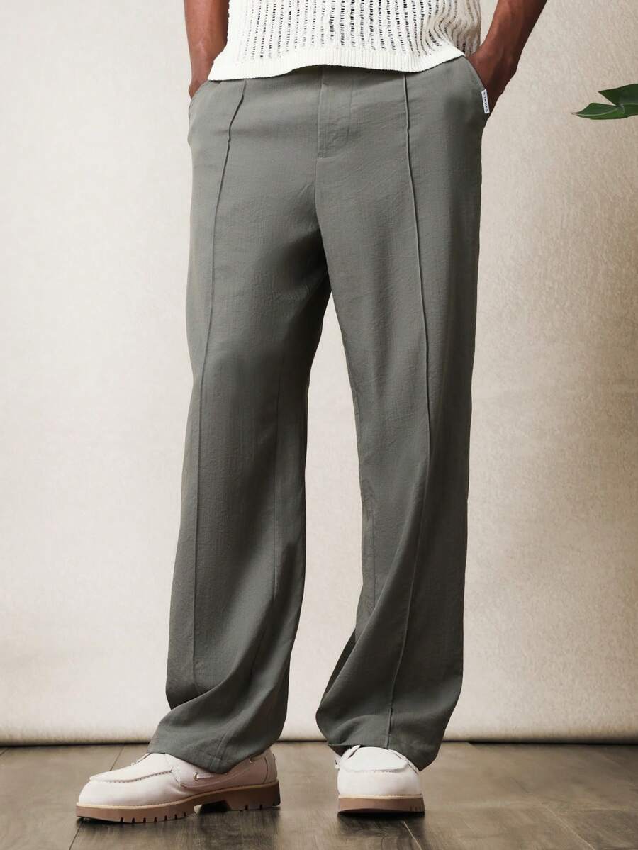 SUMWON Men Straight Fit Wide Leg Linen Feel Look Casual Pants With Clean Waist Design And Side Pockets For Spring Summer - Olive Green - View 1
