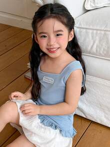 DAZY 女童刺绣字母罗纹方领荷叶边下摆吊带衫 - 藍色 - 查看 7