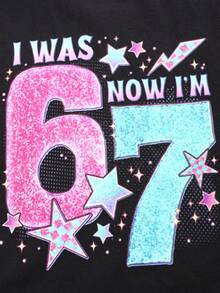 SHEIN 少女休闲日常黑色针织数字67印花圆领宽松落肩褶皱简约套头卫衣和短裤两件套 - 黑色 - 查看 3