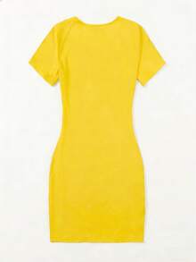 SHEIN Unity Solid Color Letter Print Round Neck Casual Versatile Short Sleeve Dress - Yellow - View 2