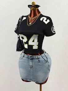 Mistrie Women's Numeric Print V-Neck Short Sleeve Side Eyelet Tie-Up Cropped T-Shirt - Multicolor - View 3