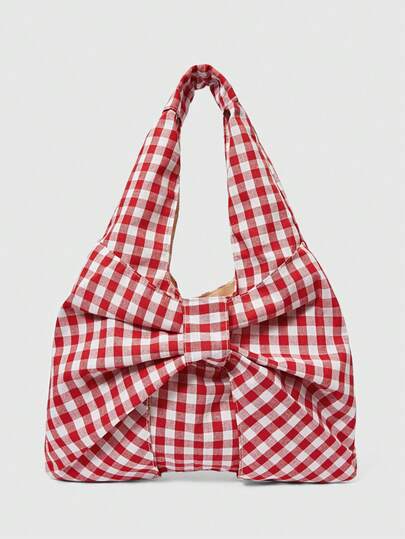 ROMWE Kawaii Bolso de hombro/axila con decoración de lazo a cuadros para mujer, dulce y fresco, bolso de viaje de vacaciones al aire libre, bolso de hombro multifuncional para ir al trabajo y hacer compras diariamente, bolso casual para guardar el teléfono móvil y las monedas