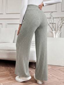 SHEIN Pregnant Women Casual Everyday Commute Simple Versatile Solid Color Ribbed Knit Adjustable High Waist Loose Wide Leg Pants - Green - View 2
